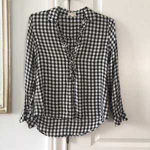 Maison Jules Gingham Ruffle Button Down Top